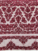 Beaded My Lady Damask Design - Burgundy - Beaded Fancy Damask Embroidered Fabric By Yard
