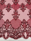 King Damask Design Fabric - Burgundy - Embroidered Corded Mesh Lace Fabric with Sequins By Yard