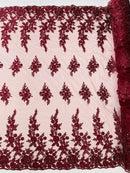 Beaded Rose Flower Fabric - Burgundy - Embroidered Beaded Long Border Floral Fabric By Yard