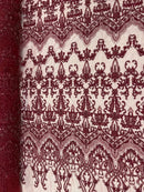 Damask Bead Fabric - Burgundy - Embroidered Glamorous Fabric with Round Beads Sold By Yard