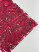 Beaded My Lady Damask Design - Burgundy - Beaded Fancy Damask Embroidered Fabric By Yard