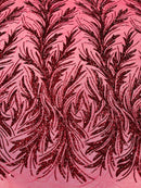 Leaf Design Stretch Sequins - Burgundy - 4 Way Stretch Lace Mesh Sequins Fabric by Yard
