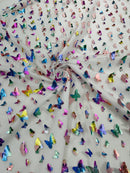 3D Holographic Rainbow Fabric - 3D Rainbow Foil Butterfly on Solid White Mesh Sold By Yard