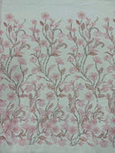 3D Tulle Flower Bead Fabric - Candy Pink - Mesh Flower Plant Design with Beads By Yard