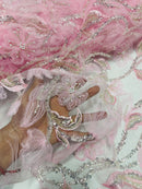 3D Tulle Flower Bead Fabric - Candy Pink - Mesh Flower Plant Design with Beads By Yard