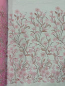 3D Tulle Flower Bead Fabric - Candy Pink - Mesh Flower Plant Design with Beads By Yard