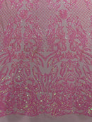 4 Way Stretch Fabric - Candy Pink - Sequins Design on Spandex Mesh Fashion Fabric