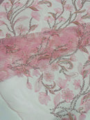 3D Tulle Flower Bead Fabric - Candy Pink - Mesh Flower Plant Design with Beads By Yard