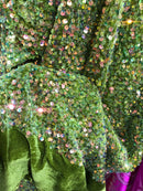 Velvet Stretch Sequins - Irisdescent Clear Sequins on Olive 2 Way Stretch Velvet Fabric 58/60”