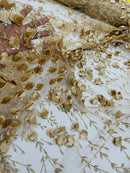 3D Flower Glitter Fabric - Champagne - Flower Design on Glitter Mesh Fabric Sold By Yard