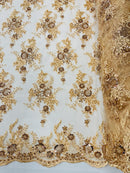 Beaded Flower Sequins Fabric - Champagne - Embroidered Beaded Floral Clusters Sequins Fabric By Yard