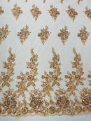 Beaded Rose Flower Fabric - Champagne - Embroidered Beaded Long Border Floral Fabric By Yard