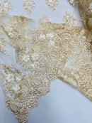 3D Fancy Floral Design Fabric - Champagne - 3D Flower Fabric with Small Beads on Lace Sold By Yard