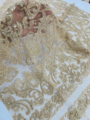 Beaded My Lady Damask Design - Champagne - Beaded Fancy Damask Embroidered Fabric By Yard