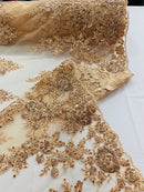 Beaded Rose Flower Fabric - Champagne - Embroidered Beaded Long Border Floral Fabric By Yard
