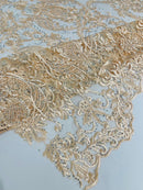 Damask Rhinestone Fabric - Champagne - Beaded Embroidery Corded Lace Fabric Sold by Yard