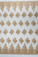Corded Floral 3D Fabric - Champagne - Embroidered Floral Design on Lace Mesh Fabric by Yard