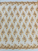 Beaded Flower Sequins Fabric - Champagne - Embroidered Beaded Floral Clusters Sequins Fabric By Yard