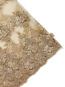 Corded Floral 3D Fabric - Champagne - Embroidered Floral Design on Lace Mesh Fabric by Yard