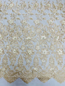 3D Scalloped Border Fabric - Champagne - 3D Flowers Embroidered on Lace Sold By Yard