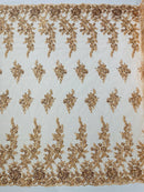 Beaded Rose Flower Fabric - Champagne - Embroidered Beaded Long Border Floral Fabric By Yard