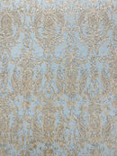 Damask Rhinestone Fabric - Champagne - Beaded Embroidery Corded Lace Fabric Sold by Yard