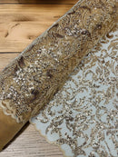 Beaded Flower Leaf Fabric - Champagne - Shiny Beads and Sequins in Flower Design on Lace by Yard