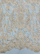 Damask Rhinestone Fabric - Champagne - Beaded Embroidery Corded Lace Fabric Sold by Yard