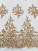 Corded Floral 3D Fabric - Champagne - Embroidered Floral Design on Lace Mesh Fabric by Yard