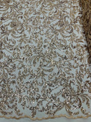 Beaded Flower Leaf Fabric - Champagne - Shiny Beads and Sequins in Flower Design on Lace by Yard