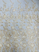 3D Scalloped Border Fabric - Champagne - 3D Flowers Embroidered on Lace Sold By Yard