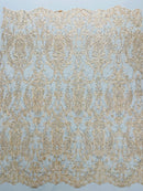 Damask Rhinestone Fabric - Champagne - Beaded Embroidery Corded Lace Fabric Sold by Yard