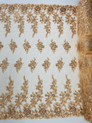 Beaded Rose Flower Fabric - Champagne - Embroidered Beaded Long Border Floral Fabric By Yard