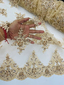 Beaded Floral Fabric - Champagne - Floral Cluster Design Fabric with Damask Border by Yard