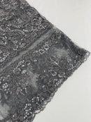 Beaded My Lady Damask Design - Charcoal - Beaded Fancy Damask Embroidered Fabric By Yard