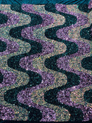 Wavy Line Velvet Sequins - Clear / Hunter Green / Rose - Velvet Sequins 2 Way Stretch Fabric 58/60” By Yard