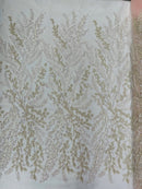 Floral Leaf Bead Sequins Fabric - Clear Pink - Leaf Nature Beaded Sequins Lace Fabric by the yard