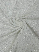 Stretch Velvet Sequins Fabric - Clear / Silver on White - Velvet Sequins 2 Way Stretch 58/60” By Yard