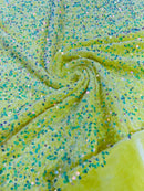 Stretch Velvet Sequins Fabric - Clear on Yellow - Velvet Sequins 2 Way Stretch 58/60” By Yard