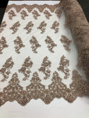 Beaded Floral Fabric - Coffee - Embroidered Flower Cluster Beaded Fabric Sold By Yard