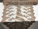 Beaded Floral Fabric - Coffee - Embroidered Flower Cluster Beaded Fabric Sold By Yard