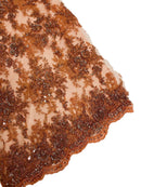 Floral Leaf Beaded Fabric - Copper - Embroidered Flower Leaf Design Beaded Fabric By Yard