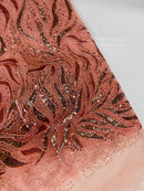 Beaded Fire Design Fabric - Coral - Fire Flame Design Sequins and Beads on Mesh by Yard