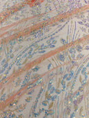 Clear Iridescent Leaf Design - Clear on Coral - Embroidered Beaded Sequins Mesh Fabric by Yard