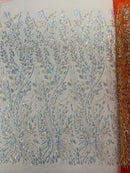Clear Iridescent Leaf Design - Clear on Coral - Embroidered Beaded Sequins Mesh Fabric by Yard