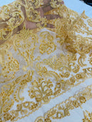 Beaded My Lady Damask Design - Dark Gold - Beaded Fancy Damask Embroidered Fabric By Yard