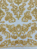 Beaded My Lady Damask Design - Dark Gold - Beaded Fancy Damask Embroidered Fabric By Yard