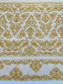 Beaded My Lady Damask Design - Dark Gold - Beaded Fancy Damask Embroidered Fabric By Yard