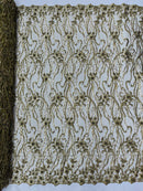 Small Flower Bead Fabric - Dark Olive Green - Beaded Flower Fabric with Curled Lines Design By Yard