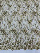 Small Flower Bead Fabric - Dark Olive Green - Beaded Flower Fabric with Curled Lines Design By Yard